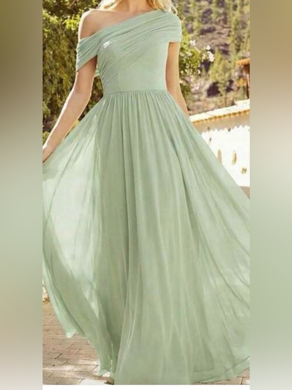 Graceful One-Shoulder Sage Green Chiffon Maxi Dress, new.